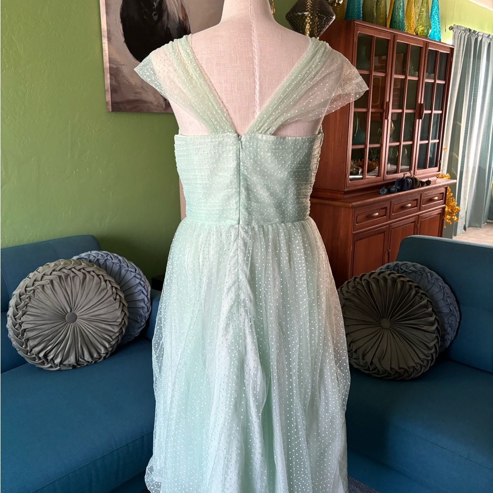 Vintage-Style Mint Green Midi Dress with Sheer Polka Dot Overlay - Picture 6 of 13